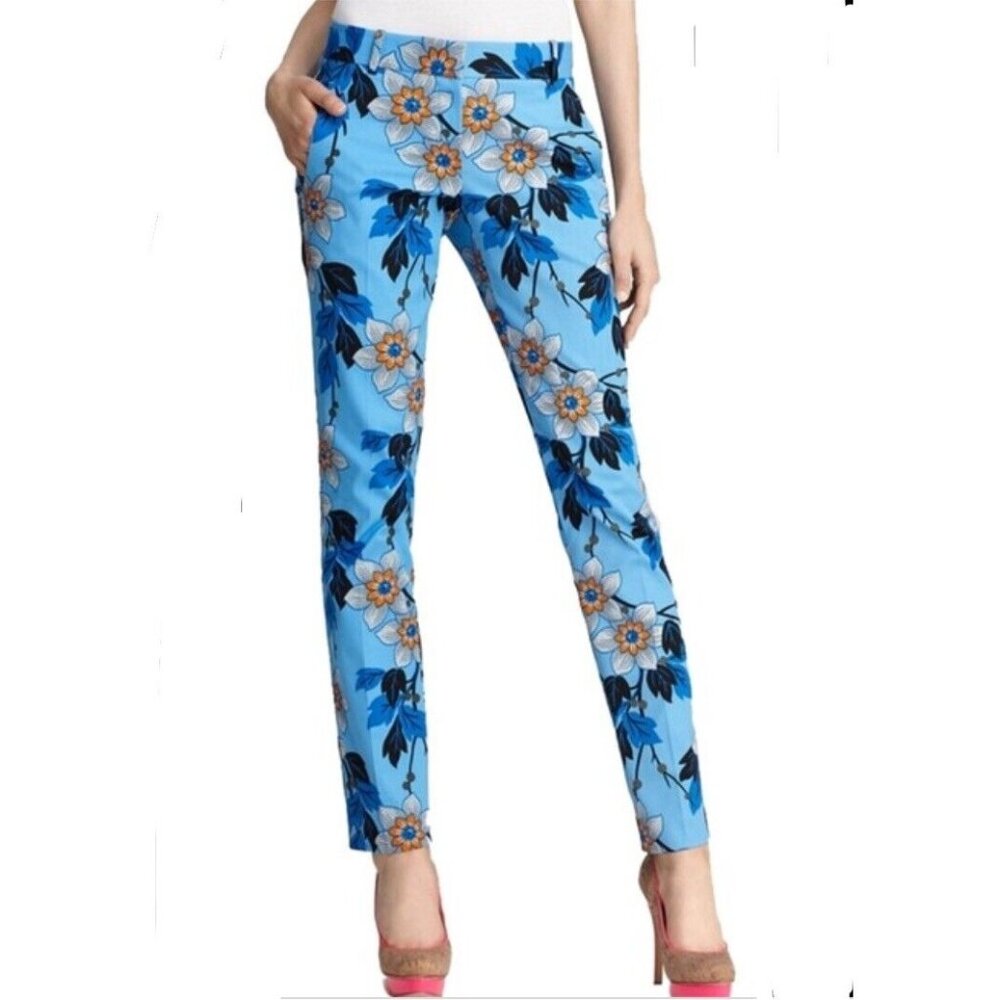 Theory Pants SIze 6 Ankle Cropped Blue Orange Floral Yanette Oahu‎
